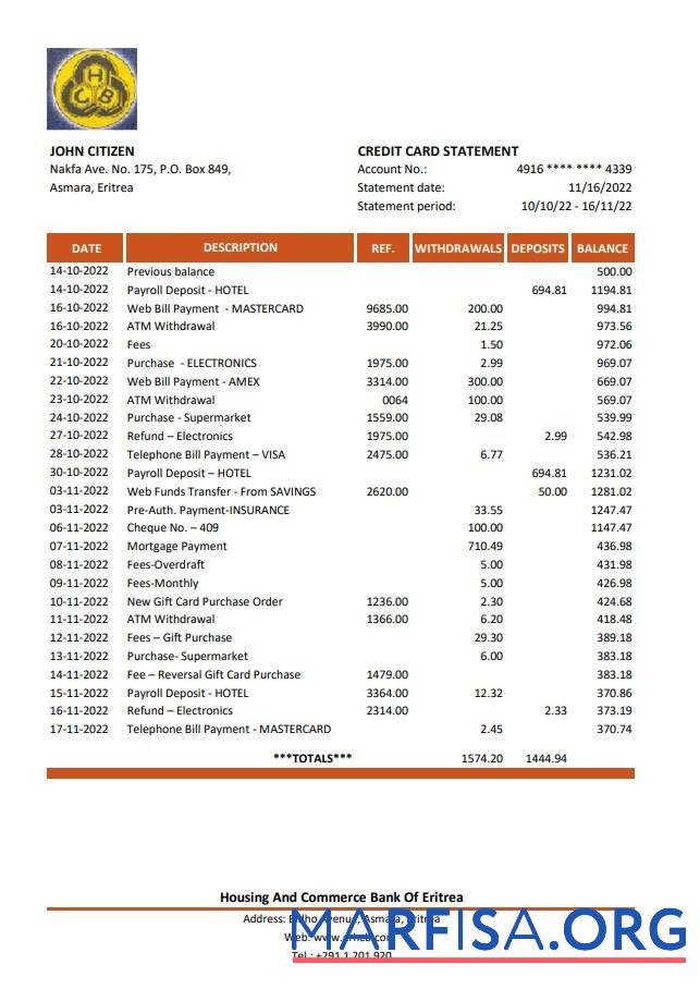 Realistic Eritrea Housing and Commerce bank statement excel example